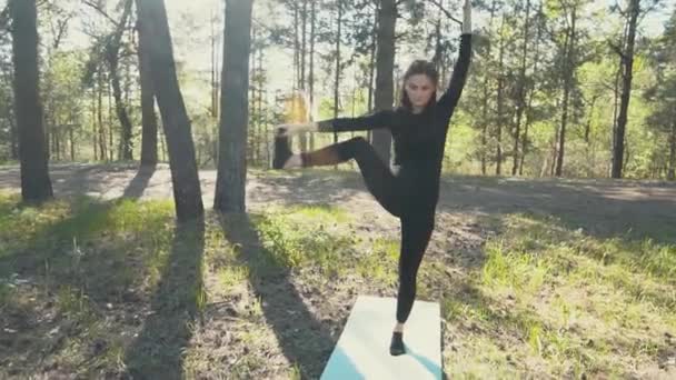 Young pregnant woman doing yoga outside. — Stock Video