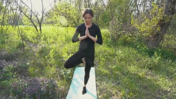 Unga gravid kvinna gör yoga utanför. — Stockvideo