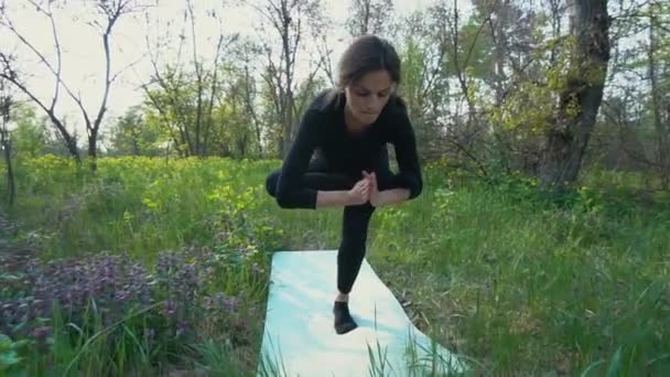 Unga gravid kvinna gör yoga utanför. — Stockvideo