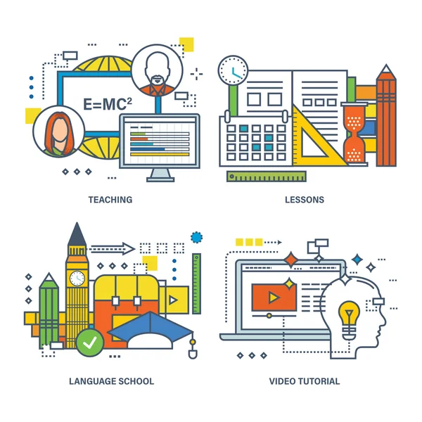 Concept van onderwijzen, lessen, taalschool, video tutorial. — Stockvector