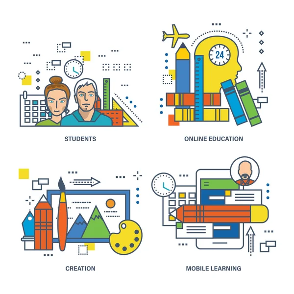 Concept d'éducation, créativité, en ligne, étudiants, apprentissage mobile . — Image vectorielle