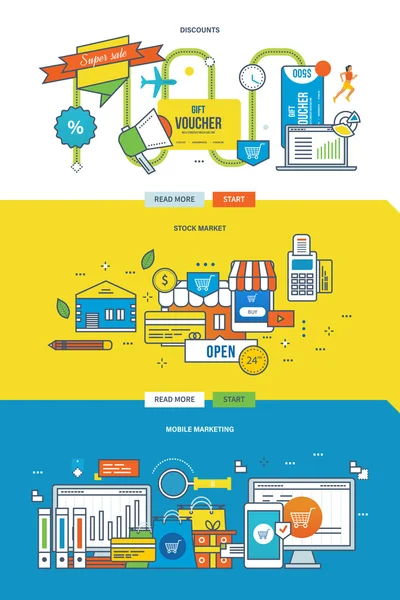 Ilustración conceptual - bolsa de valores, descuentos y marketing móvil — Archivo Imágenes Vectoriales