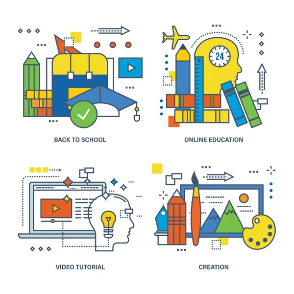 Concepto de regreso a la escuela, educación en línea, video tutorial, creación . — Archivo Imágenes Vectoriales