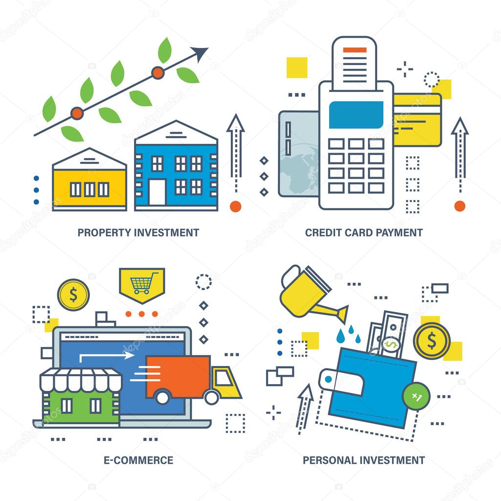 Concept illustration - types of investments, e-commerce and credit payment card