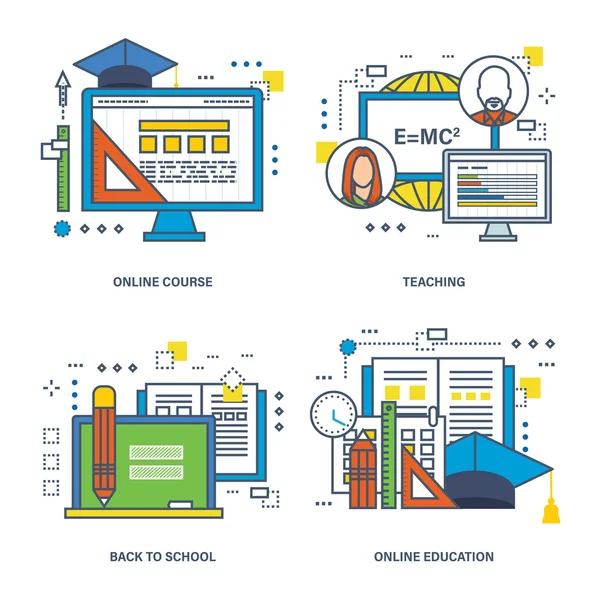 Conceptos de esta ilustración: aprendizaje, educación en línea y tecnologías — Vector de stock