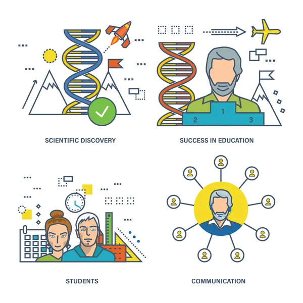Concept illustration - communicatie, ontdekkingen en resultaten in het wetenschapsonderwijs. — Stockvector