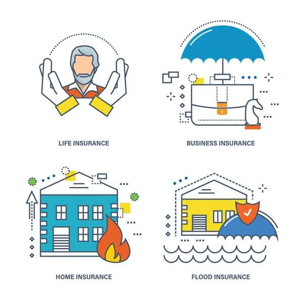 Illustratie Concept - levensverzekeringen, business, huisvesting, eigendom en gezondheid. — Stockvector