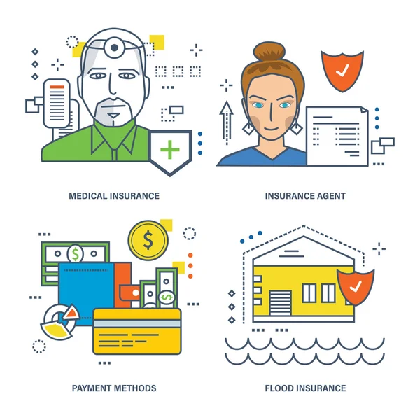 Assurance médicale, agent, inondation, finances et options de paiement — Image vectorielle