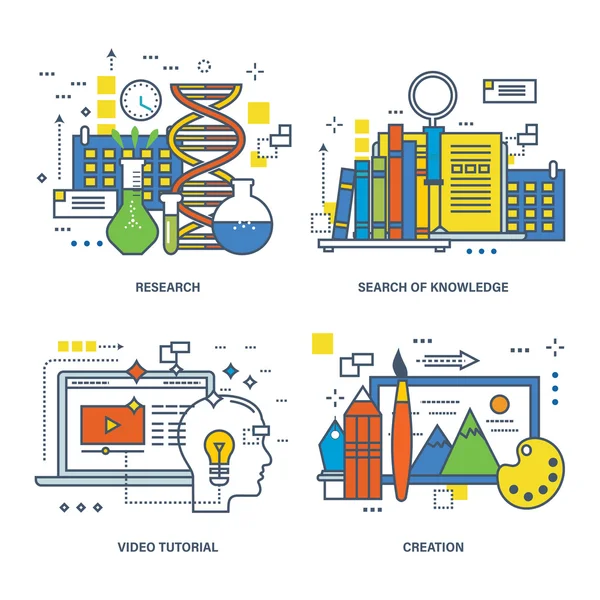 Illustration conceptuelle - créativité et recherche, recherche de connaissances et d'apprentissage . — Image vectorielle