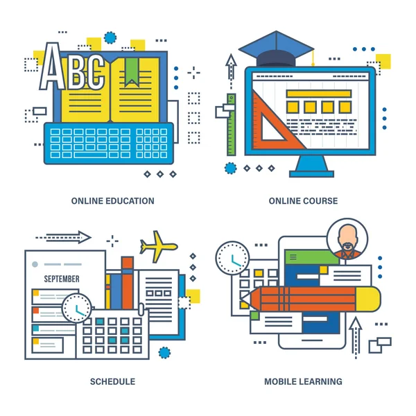 Sujeitos desta ilustração - a educação moderna e os tipos de tecnologias de aprendizagem . — Vetor de Stock