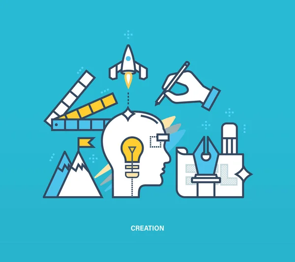 Concept illustration - creativity and creation, thinking, inspiration  implement ideas. — Stock Vector
