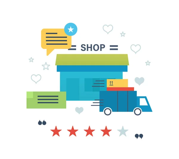 Concept illustration - online winkelen, beoordelingen en classificaties werken van winkel — Stockvector