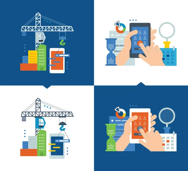 Concepto - desarrollo de aplicaciones y software, investigación de mercado de marketing — Vector de stock