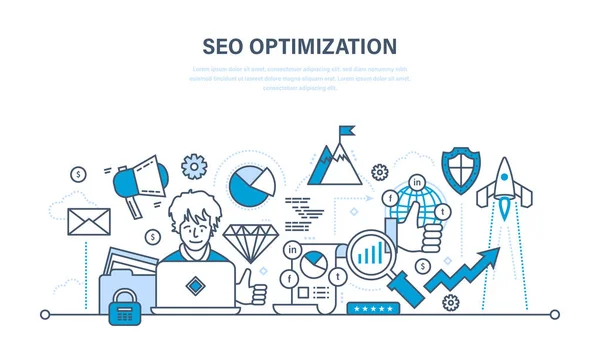 SEO, optimalisatie methoden en tools, analyse, informatiebescherming. — Stockvector