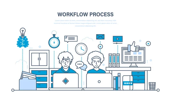 Workflow, Arbeitsplatz, Umwelt, Software und Hardware, Denkprozess, Kommunikation. — Stockvektor