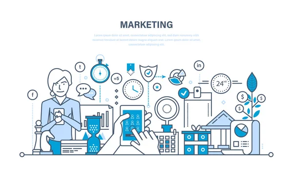 Marketing, études de marché, stratégie de gestion et de contrôle, statistiques, rapports — Image vectorielle