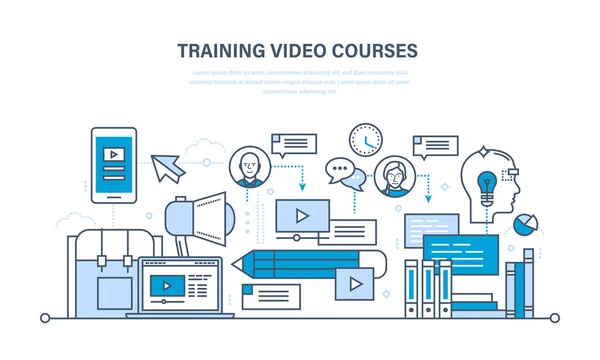 Utbildning, lärande fjärr online video kurser, kommunikation, teknik, träningsprogram. — Stock vektor