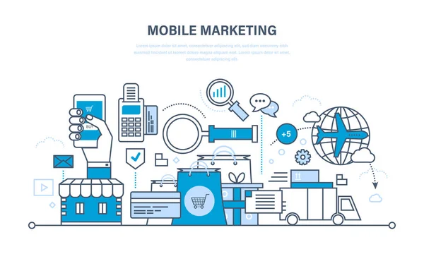 Marketing mobile, analyse et statistiques, achats en ligne, gestion . — Image vectorielle