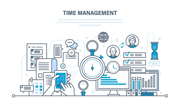 Timemanagement, planning, organisatie van werken, werk procescontrole. — Stockvector