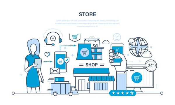 Achat en magasin et en ligne, livraison, support technique . — Image vectorielle