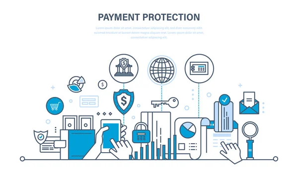 Bescherming, de veiligheid van de betalingen van de garantie, financiën, deposito's in contanten, verzekeringen, geldoverdrachten. — Stockvector