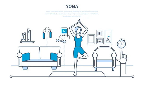 Yoga, interieur van de zaal, meubels voor een ontspannen, rustige sfeer. — Stockvector