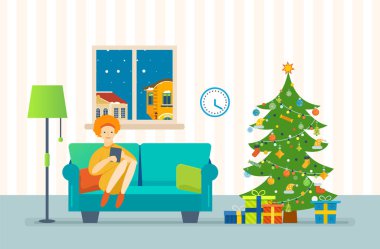 İç odası, dinlendirici, yeni yıl atmosfer için mobilya.