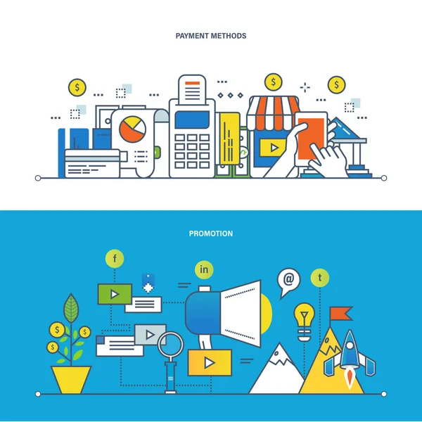 Financiación y métodos de pago, promoción, tecnología de la información . — Archivo Imágenes Vectoriales