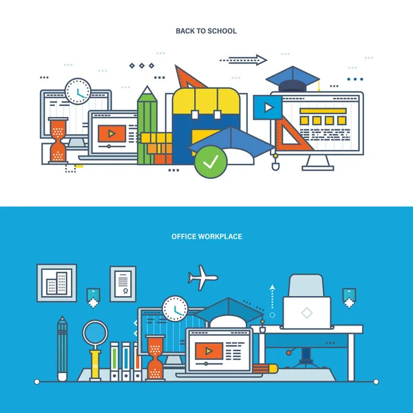 Teamwork, werkplek, modern onderwijs, leren, samenwerking, onderzoek en technologie. — Stockvector