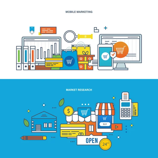Finances, marketing, recherche, analyse, stratégie et planification d'entreprise en ligne . — Image vectorielle
