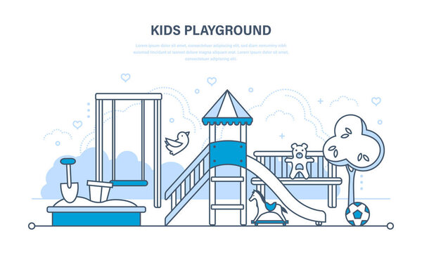Childrens entertainment playground, benches, sandbox, swing, recreation park.