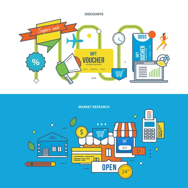 Rabatter, specialerbjudanden, finans, marknadsföring, forskning, analys, strategi, planering. Stockvektor