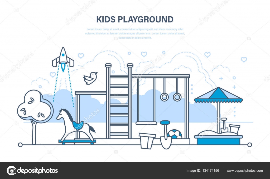 Illustrazione di concetto parco giochi di intrattenimento per bambini con un parco sabbionaia altalene Giocattoli e ricreazione Disegno sottile linea