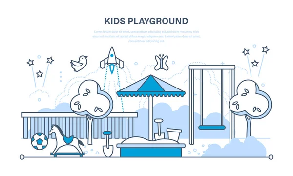 Lekplats för barn-underhållning med en gungor, leksaker, rekreation park. — Stock vektor