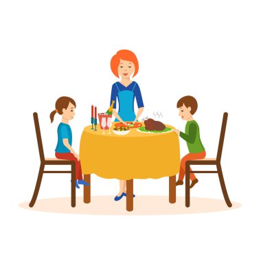 Annem bir akşam yemeği yemek, çocuk tablosunun otur.