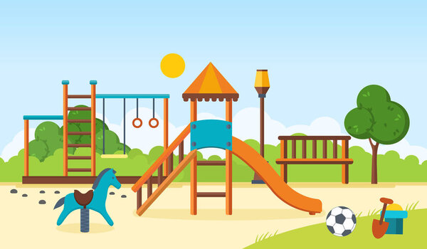 Kids playground, horizontal bars, swings, walking park, childrens toys.