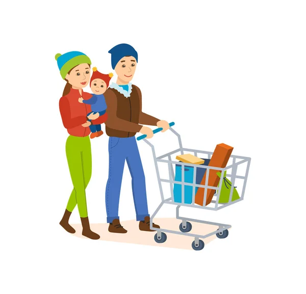 The family walks on the store for shopping. — Stock Vector