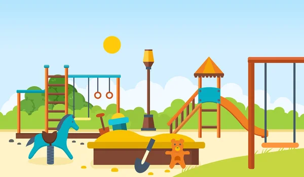 Plac zabaw dla dzieci, poziome paski i huśtawki, zwiedzanie parku, zabawki dla dzieci. — Wektor stockowy
