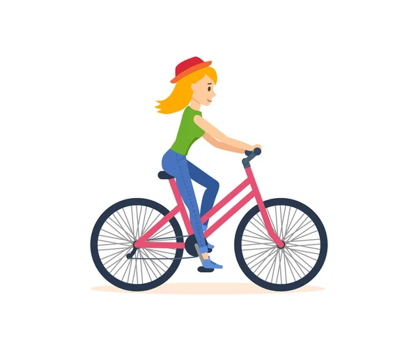 Junges Mädchen, das mit dem Fahrrad unterwegs ist, beschäftigt sich mit Outdoor-Aktivitäten. — Stockvektor