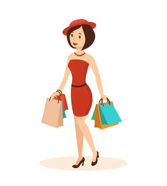 Elegant fashionable woman, makes a major purchase in the mall. — Stock Vector