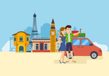 Aşık çift, Avrupa'ya seyahat, selfie bellek yapmak.