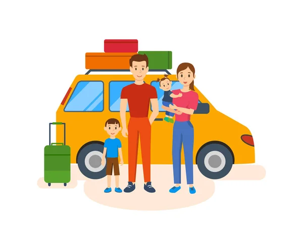 Vierköpfige Familie mit Auto unterwegs. — Stockvektor