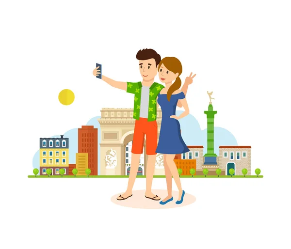 Aşık çift, Paris'e seyahat, selfie bellek yapmak. — Stok Vektör
