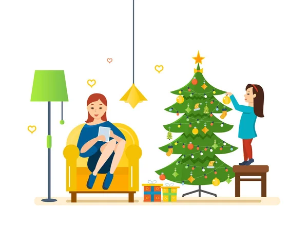 Mom and daughter resting the living room on Christmas evening. — Stock Vector