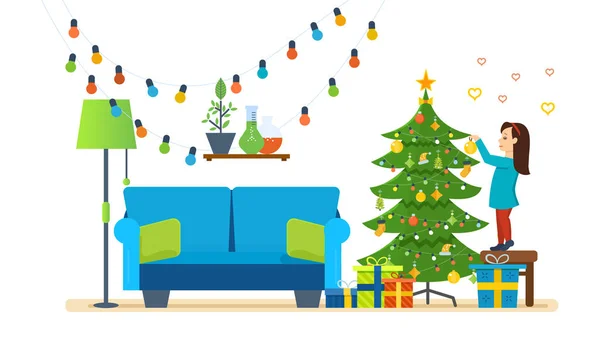 La ragazza decora un albero di Natale, giocattoli festivi e ghirlande . — Vettoriale Stock