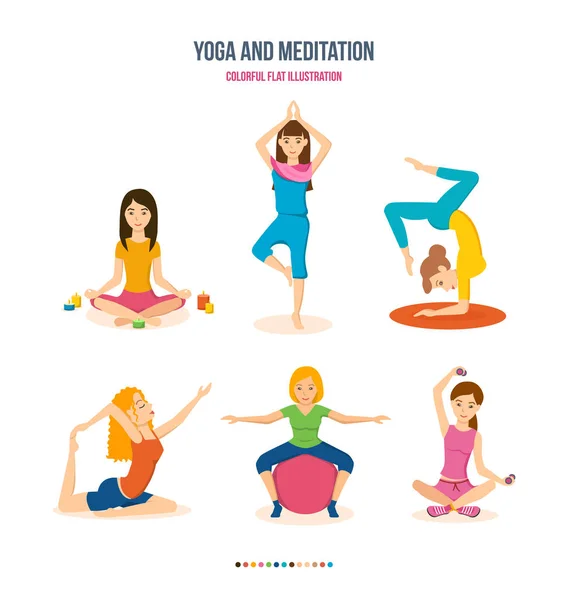 Meisjes doen yoga, meditatie en fitness in verschillende posities. — Stockvector