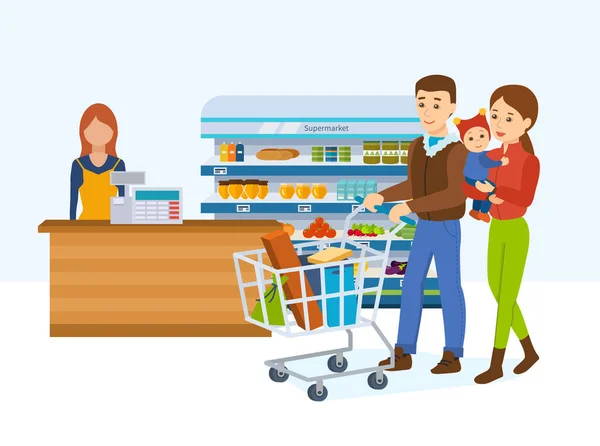 Famille se promène dans le magasin et prend des aliments frais — Image vectorielle
