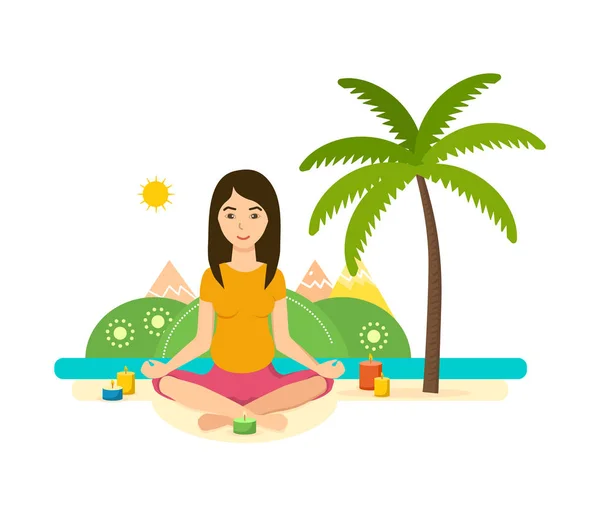 Tropisk sommar flicka är engagerad i yoga och meditation. — Stock vektor