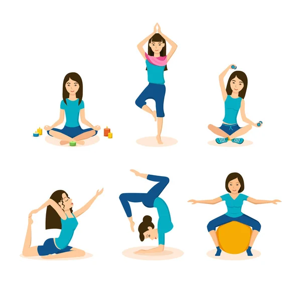 Meninas fazem ioga, meditação e fitness em diferentes posições . — Vetor de Stock