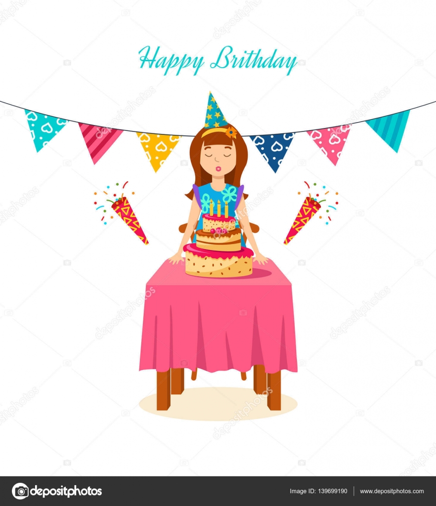 Chica sopla las velas un pastel en su cumpleaños . Vector de stock  #139699190 de ©ideyweb, image size:882x1024